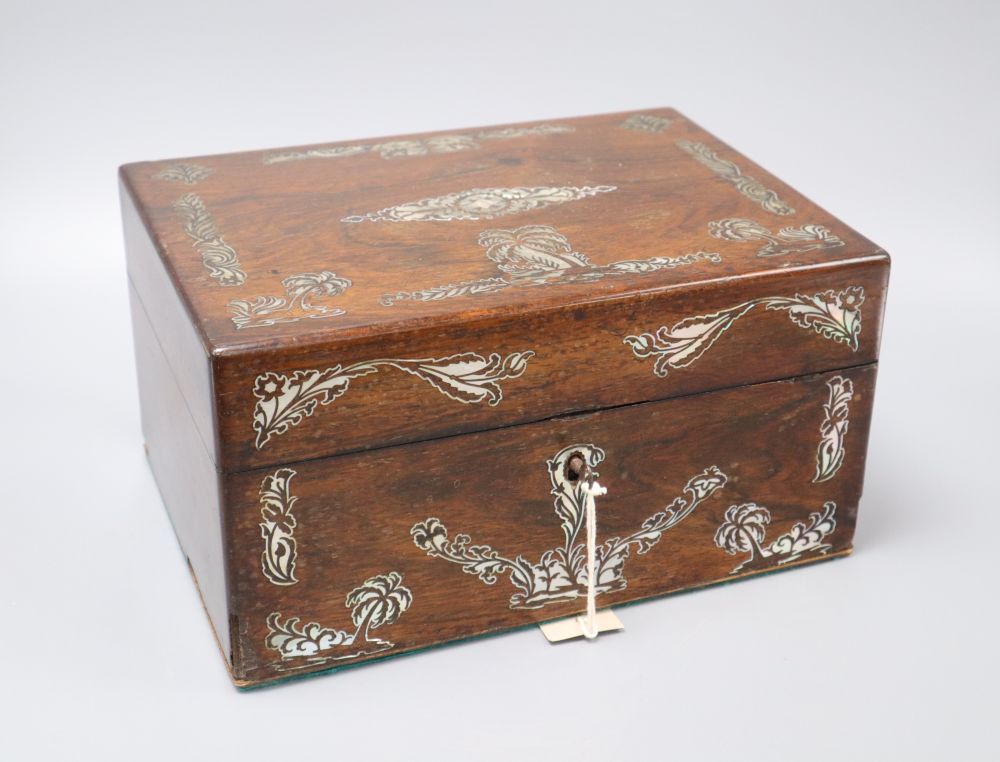A Victorian mother of pearl inlaid rosewood toilet box, length 30cm